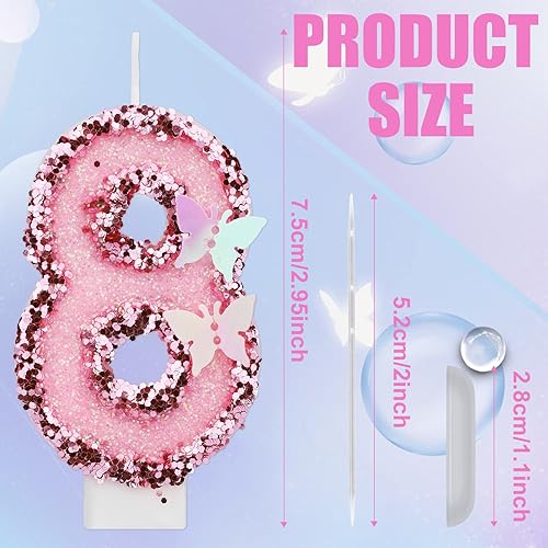 Vista 60 de Velas de números de cumpleaños de 3 x 2 pulgadas, velas de números con purpurina, velas de cumpleaños de mariposa rosa con lentejuelas