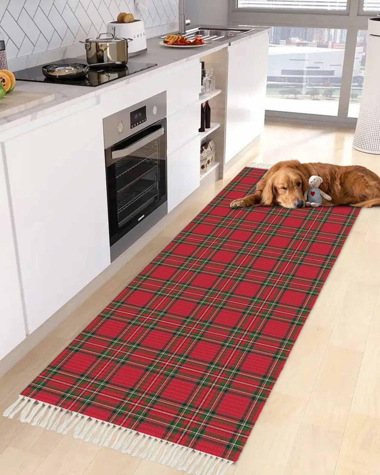 Runner Rug for Hallway 2x4ft, Christmas Red and Green Buffalo Plaid Washable Runner Rugs with Tassels Woven Floor Carpet Runners for Hallways Kitchen