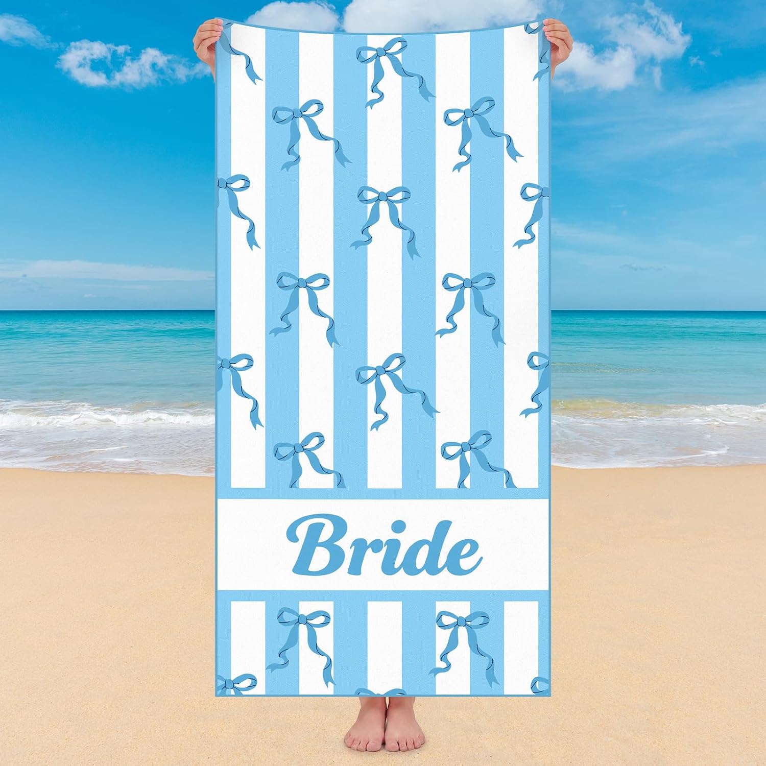 Breling 1 Pcs Bride Blue Striped Beach Towel for Honeymoon and Bachelorette Party,Bride Beach Towel Coastal Bridal Shower Gift Bridesmaid Favor Gift for Wedding Engagement Party Supply(Classic)