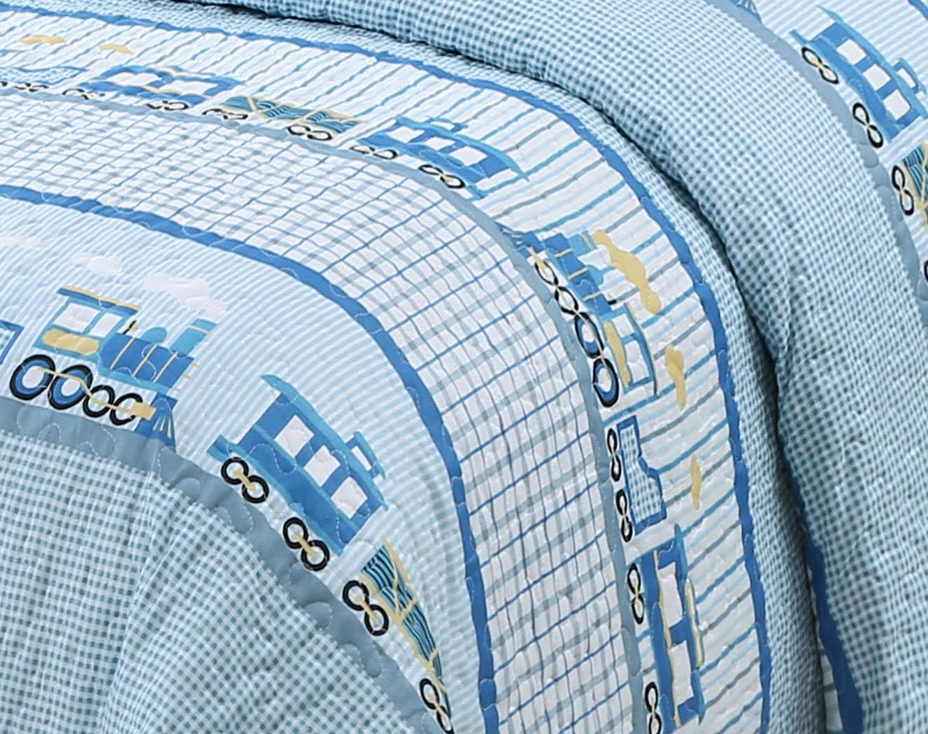 Elegant Home Blue Train Railroad Tracks Themed Design Fun Bedspread Quilt Bedding Set with Shams Perfect for Boys Teens Toddlers Kids # Choo Choo (Full/Queen)