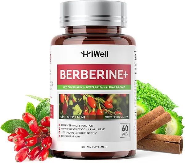 HiWell Berberine with Ceylon Cinnamon | Support Blood Sugar, Cholesterol Health & Immune* | Gluten-Free, Non-GMO & Vegan Berberine Supplement | 60 Capsules