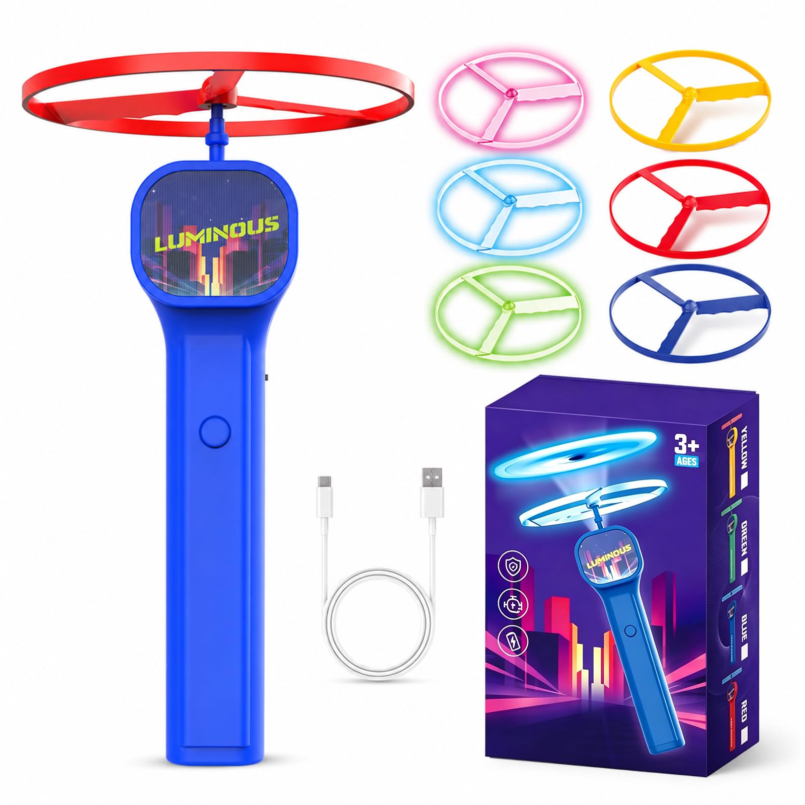 Flying Disc Launcher Toy, Cool Cat Toy Interactive with 3 Regular Rings and 3 Fluorescent Rings, Flying Cat Toies with 500 mAh Battery for Kittens and Puppies, Family Pets