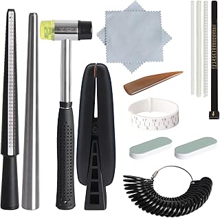 15Pcs Jewelry Ring Sizer Tools Kit Including Ring Mandrel Sizer, Metal Stick, Ring Sizer Measuring Tools, Ring Clamp, Rubber Hammer, Polishing Tools and More Tools for Jewelry Making Crafts