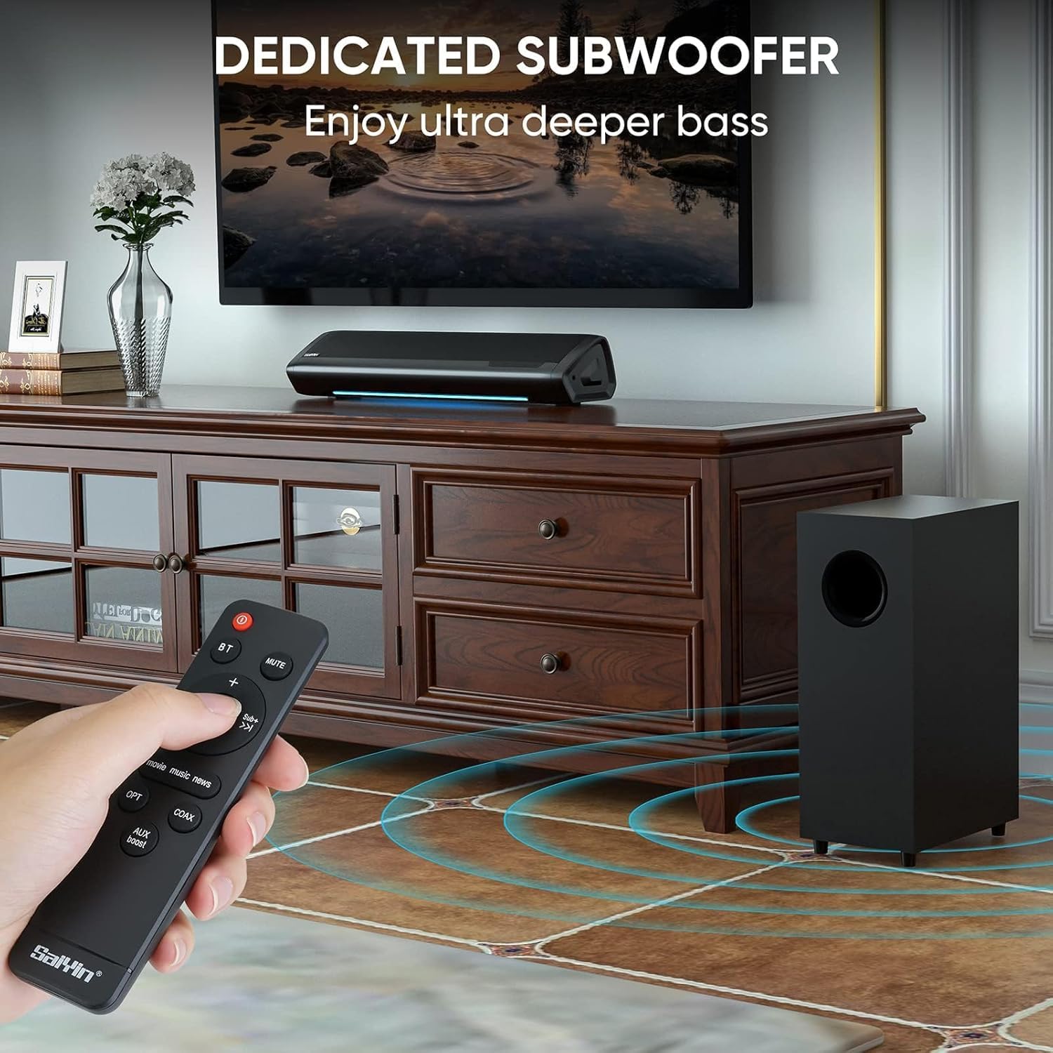 Saiyin Soundbar con Subwoofer per TV 17 Pollici 2.1 Canali Bluetooth Ottico AUX