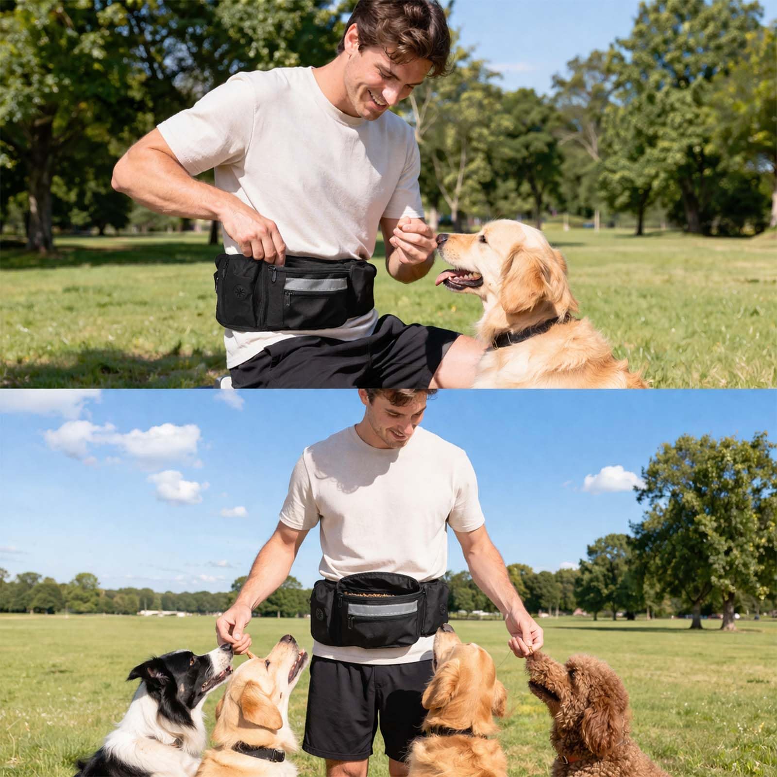 Porta premietti per cani, marsupio per addestramento, sacchetto porta-cibo con dispenser per sacchetti per i bisogni e striscia riflettente, marsupio regolabile per passeggiate all'aperto (nero)