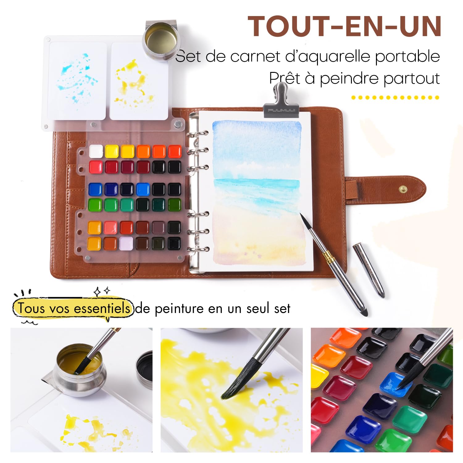 kit Peinture Aquarelle Voyage - 36 Couleurs avec Pinceau de Voyage, Papiers aquarelle 100% Coton, Couverture en Cuir PU | Set de Carnet de Croquis Aquarelle Voyage | idéal pour Artistes et Amateurs