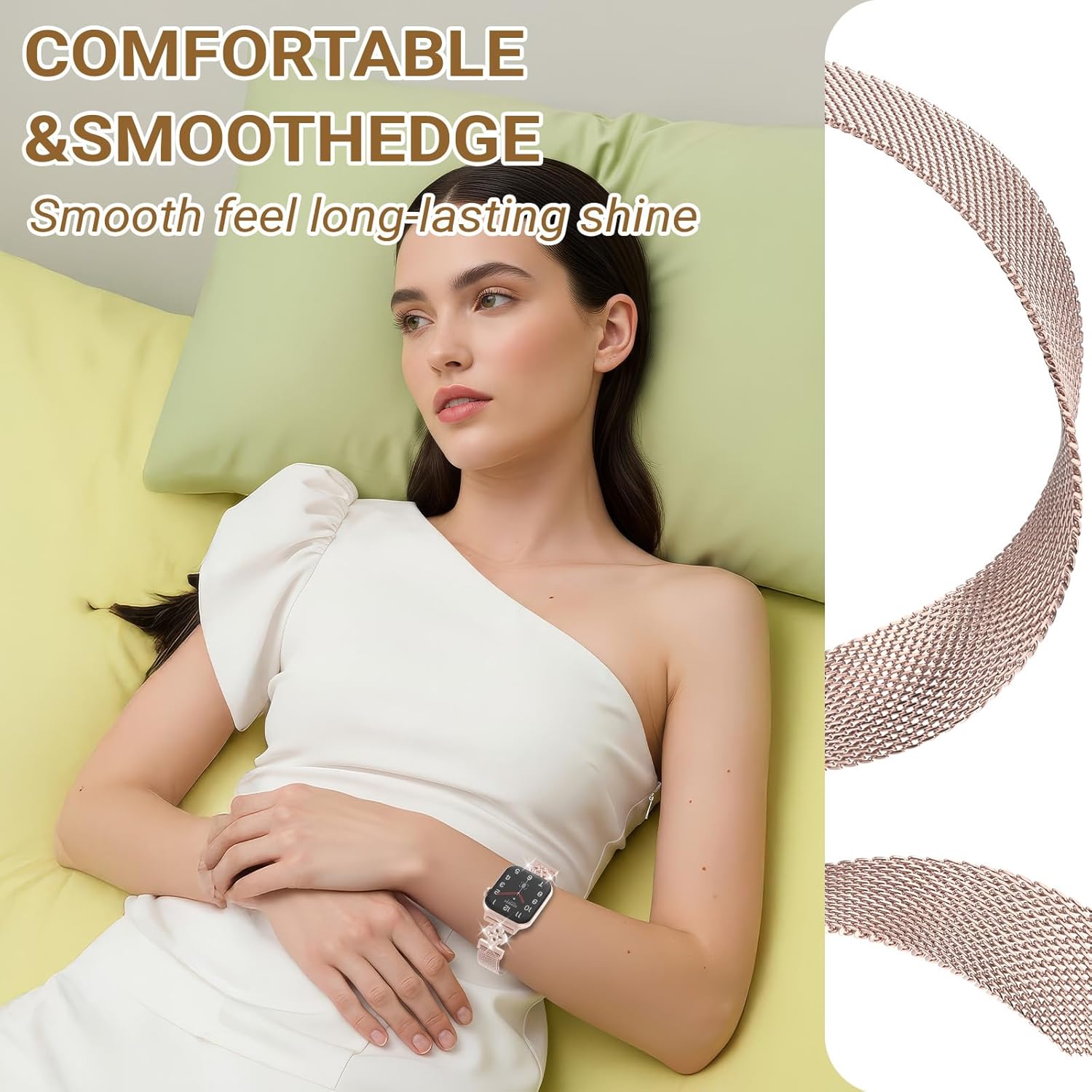 Thin Mesh Loop Compatible with Apple Watch Bands for Women 40mm 41mm 38mm 42mm Series 10 9 8 7 6 5 4 3 2 1 SE, Metal Stainless Steel Magnetic Strap with Clover Diamond Clasp for iWatch Bands - Image 4