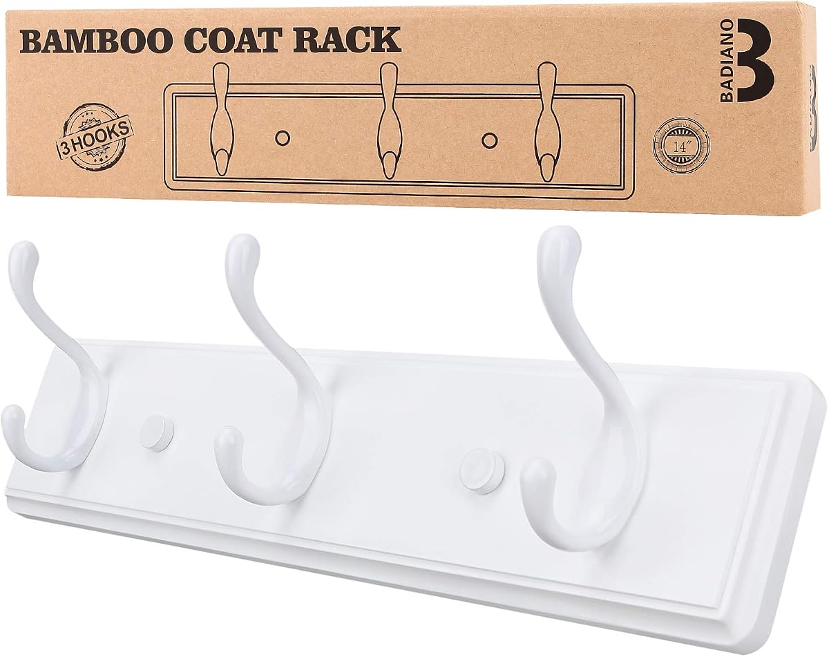 Heavy Duty Wooden Coat Rack, Wall-Mounted Organizer,14 Inch, White | 3 Double Hooks, Greater Storage Space for Hanging Towels, Bags, Hats, Jackets, Key