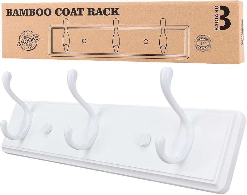 Heavy Duty Wooden Coat Rack, Wall-Mounted Organizer,14 Inch, White | 3 Double Hooks, Greater Storage Space for Hanging Towels, Bags, Hats, Jackets, Key