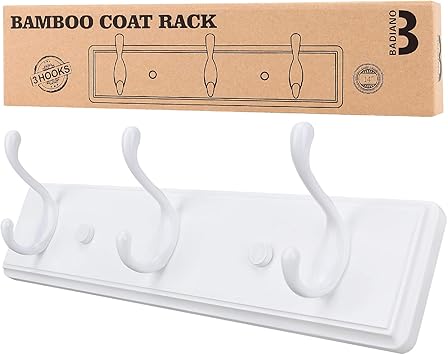 Badiano Wooden Coat Rack, Wall-Mounted Organizer for Closet, Entryway, Hallway, Foyer, Bedroom, Heavy Duty Double Hooks for Hanging Towels, Bags, Hats, Jackets, Key White, 3 Hooks