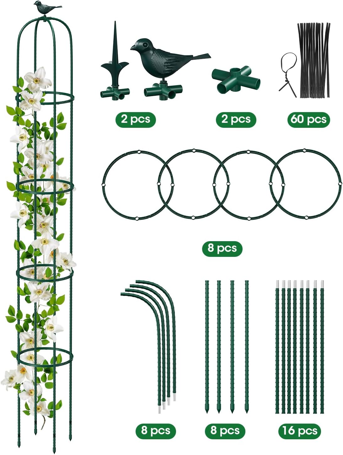 2PCS Garden Trellis for Climbing Plants, 6.2FT Rustproof Metal Pipe with Heavy Duty Plastic Coated, Garden Outdoor Indoor Potted Plant Support, Obelisk Garden Trellis for Climbing Vine (Green)