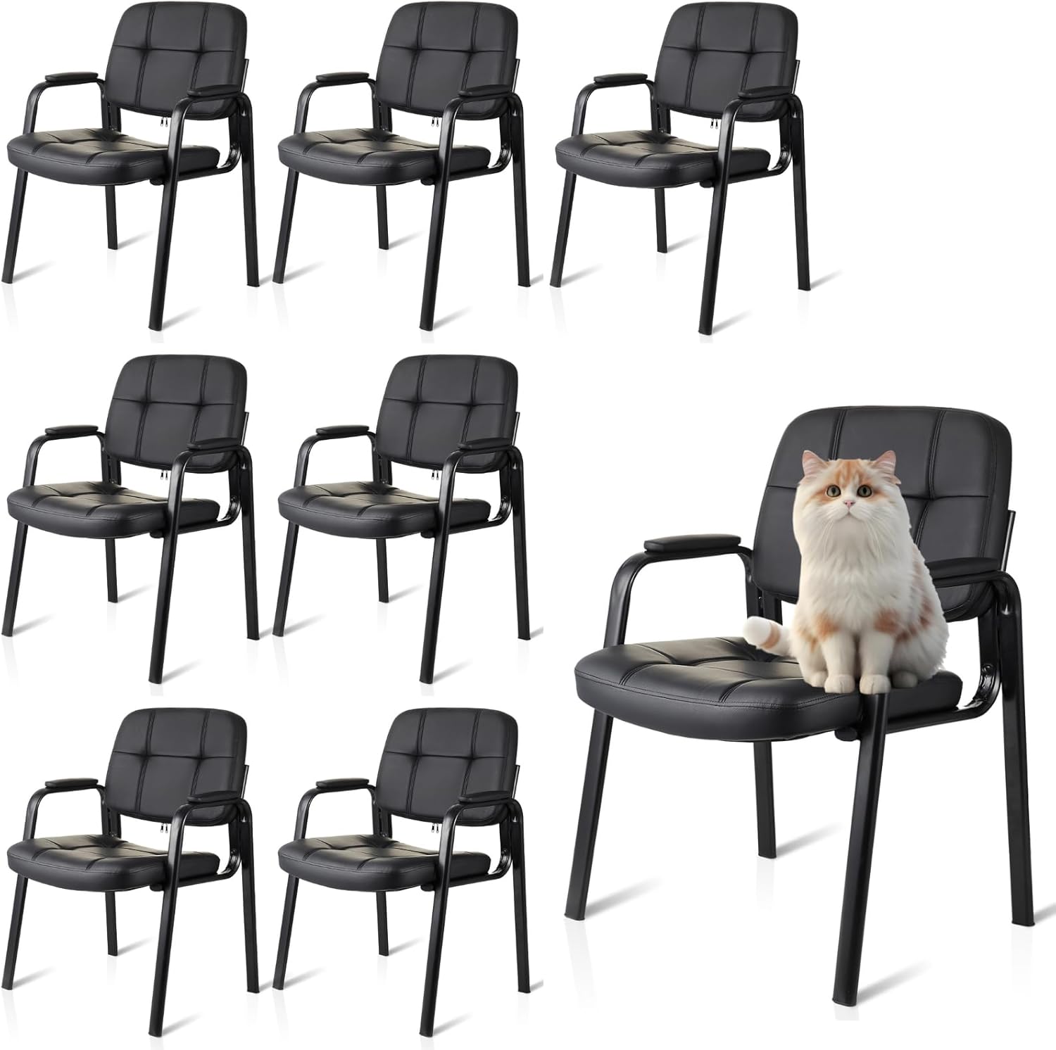 CLATINA Waiting Room Chairs No Wheels Set of 8, Stationary Leather Office Reception Guest Chair with Padded Arms for Elderly Desk Conference Room Lobby Table Side Salon