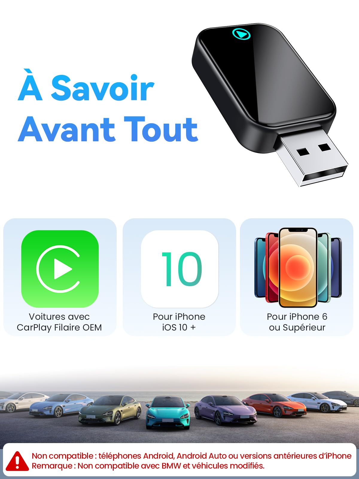 S2 Mini Adaptateur CarPlay sans Fil pour iPhone, Convertissez Le Filaire en sans Fil, Plug & Play avec Typ-C/USB, Compatible avec Les Voitures à partir de 2016 et iOS 10+ (Noir)