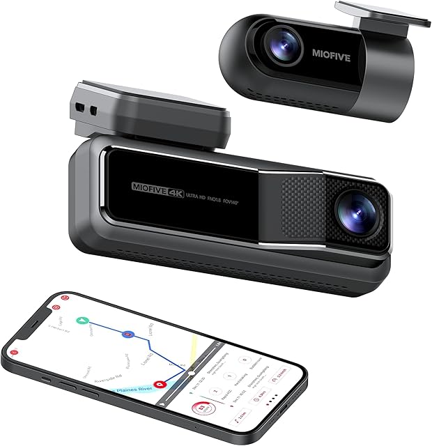 Miofive Front and Rear Dash Camera, 4K + 2K Dual Dash Cam with 5G Wifi, GPS, Speed, 2160 UHD Recorder, Built-In 128G eMMC Storage, Night Vision, Motion Detection, G Sensor Powered by Super Capacitor