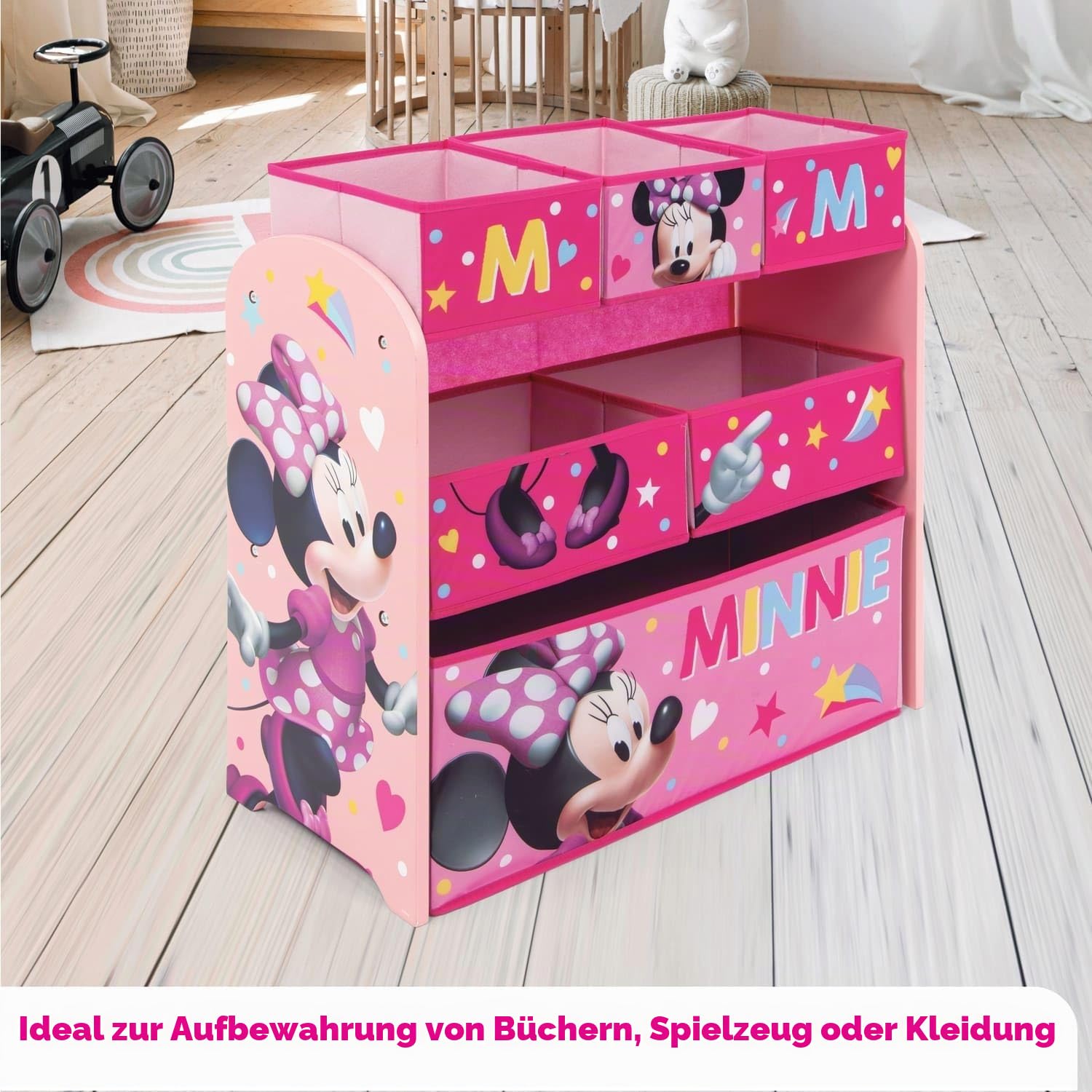 ARDITEX – Organizer aus Holz mit 6 Textilboxen mit Minnie-Mouse-Motiv von Disney – 62x30x60 cm – Farbe Rosa – Perfekt zum Aufbewahren von Spielzeug im Kinderzimmer