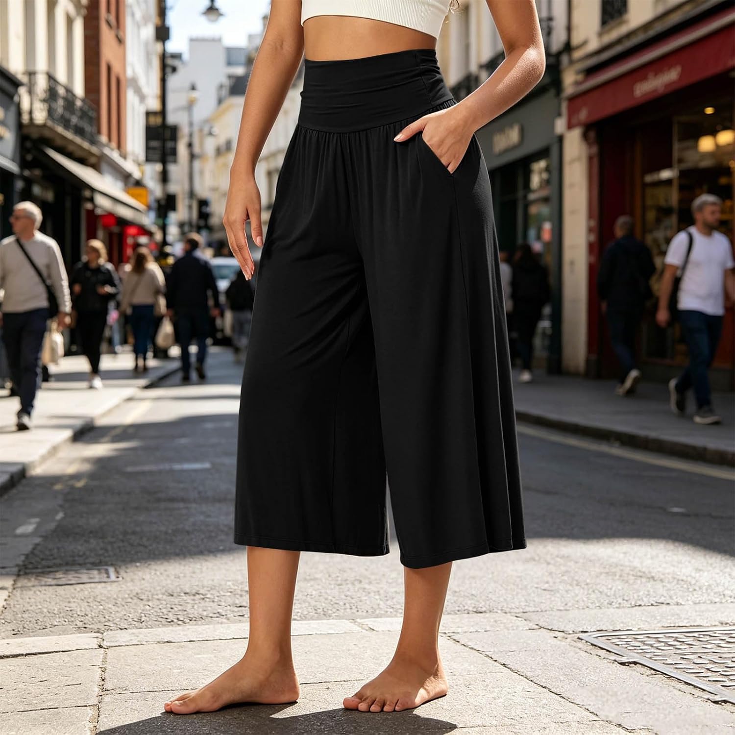 Capri Pants for Women High Waist Workout Yoga Pant with Pockets Tummy Control Straight Wide Leg Cropped Trousers