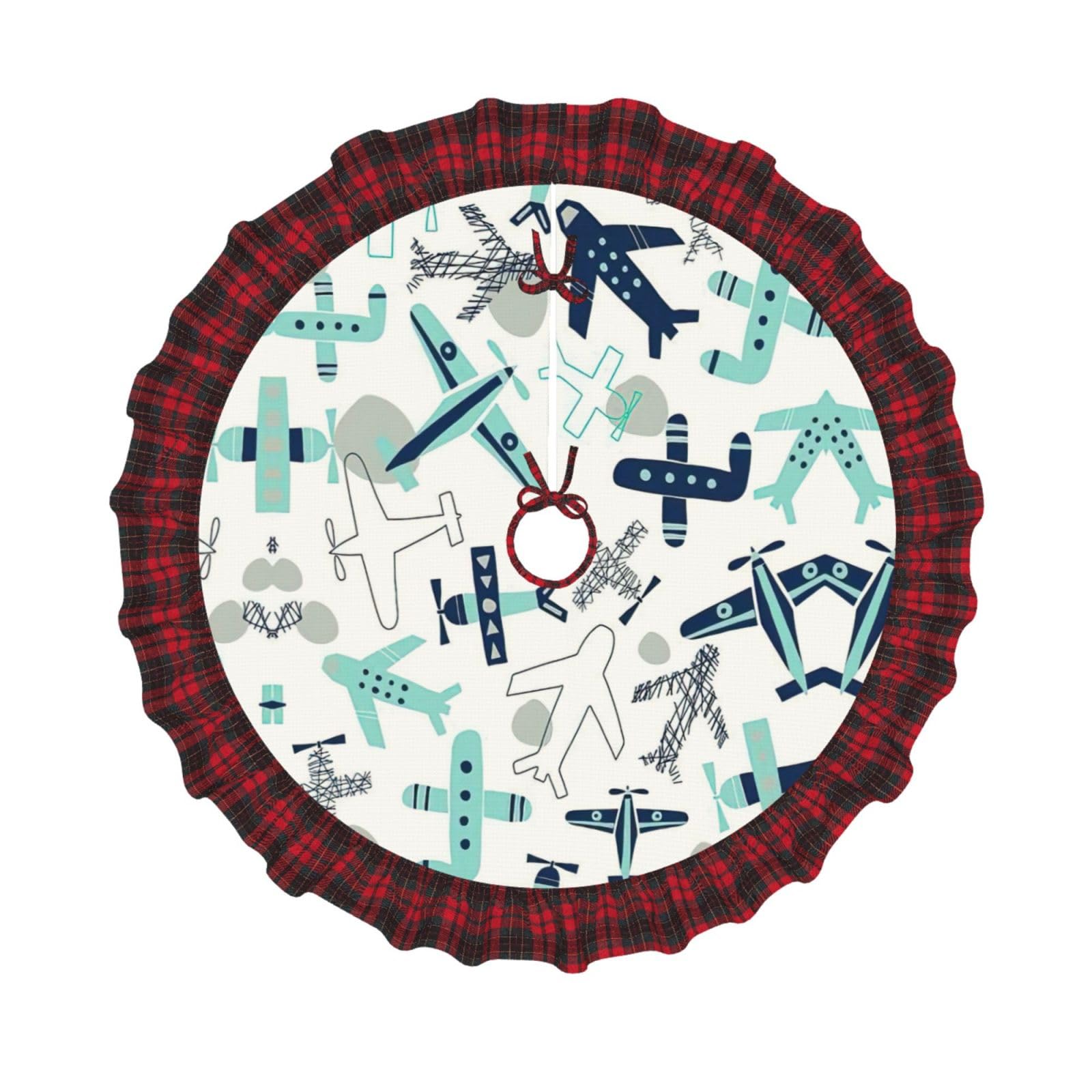 Jupe de sapin de Noël avion tapis de 120cm avec bord écossais rouge et noir