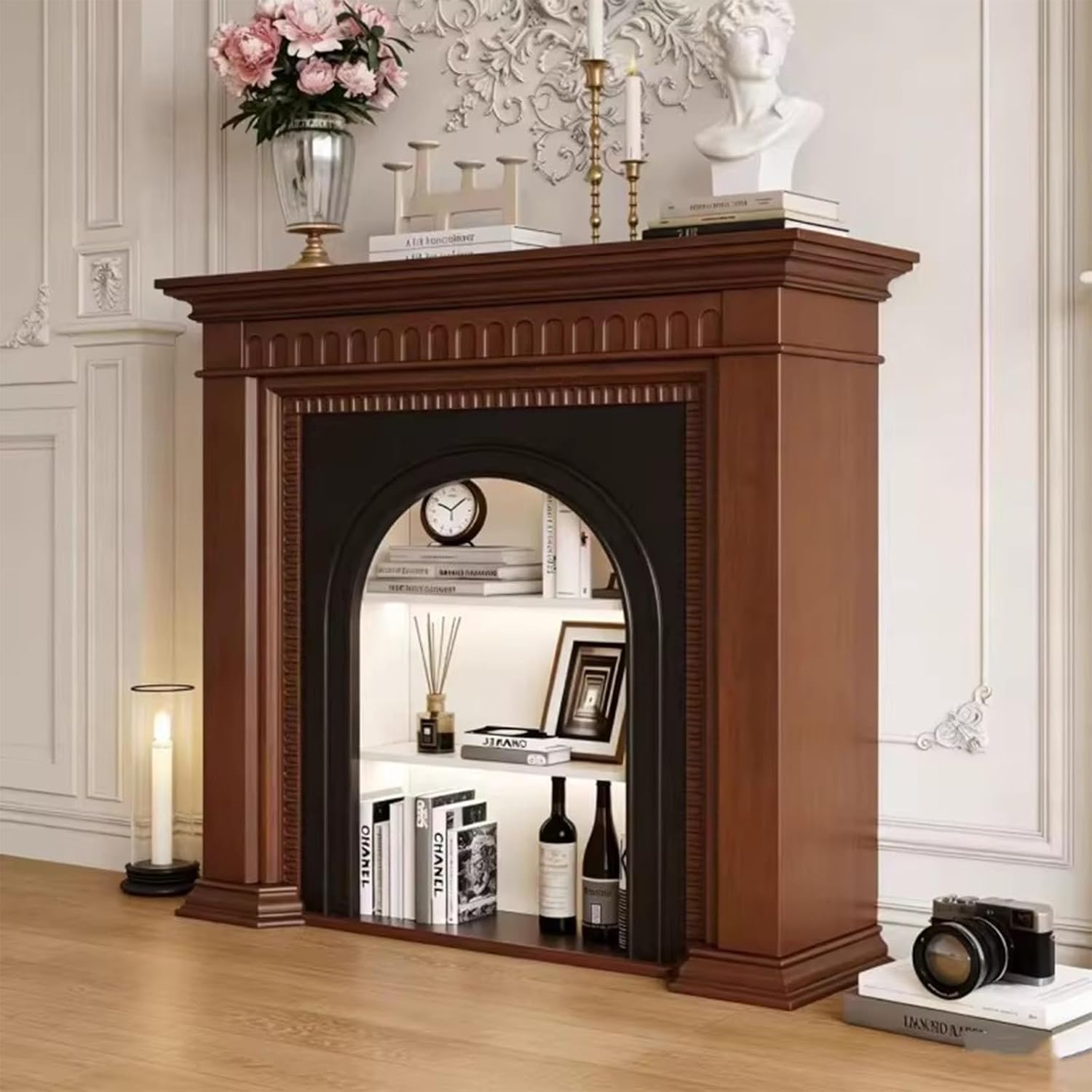 Fireplace Surround Solid Wood Arched Fireplace Mantel with Storage Classic Decorative Surround(XL)