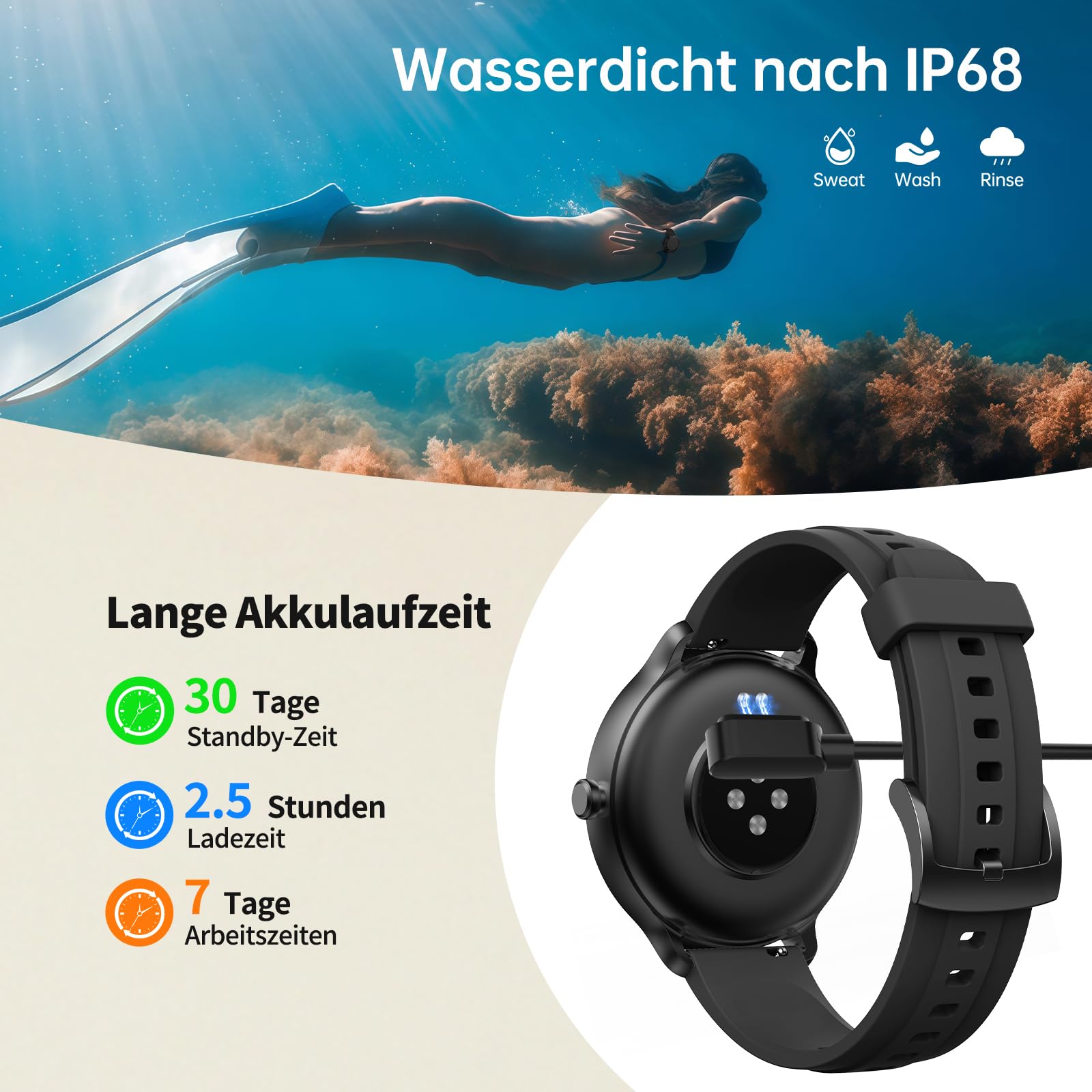 Smartwatch Damen Herren – 1.27" Smart Watch mit Bluetooth Anrufe, WhatsApp/App-Benachrichtigungen, Herzfrequenz, Schlafmonitor, 120+ Sportmodi, IP68 Wasserdicht – Fitnessuhr Kompatibel mit iOS Android