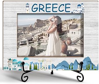 Greece Travel Photo Frame, Wooden Picture Frame with Stand, Greece Gifts Vacation Gifts for Friends Coworker, Greece Souvenirs Home Office Desk Decor Tabletop Display -TXK10