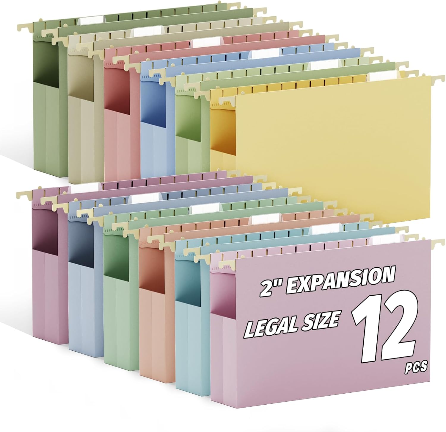 Ansook 2" Legal Size Hanging File Folders, 12 Pack Plastic Legal Size File Folders Hanging with Tabs, Heavy Duty Expandable Hanging Folders for Office, Home, Law Firm & Filing Cabinet