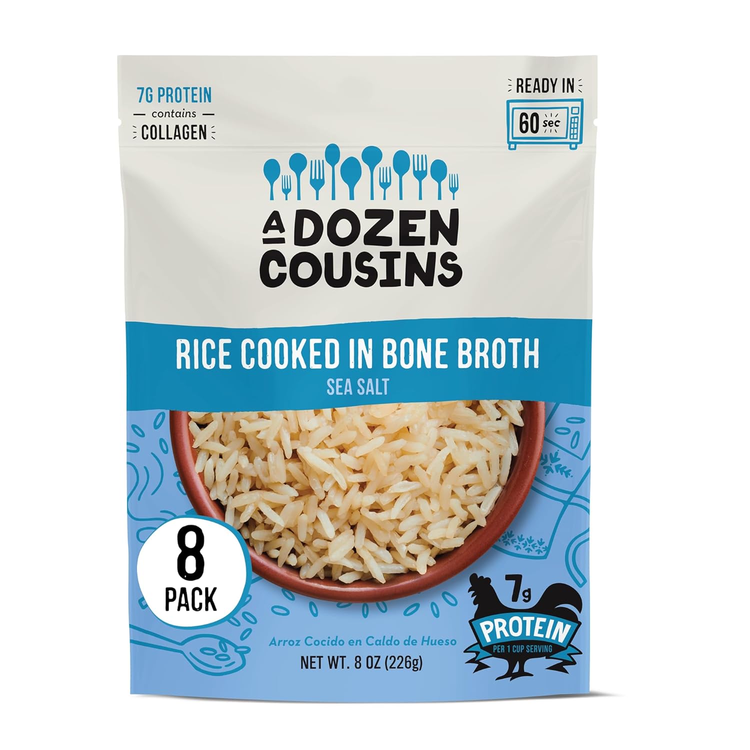 A Dozen Cousins Rice Cooked in Bone Broth Microwaveable Rice Packets | 7g Protein | Contains Collagen (Sea Salt, 8 Pack)