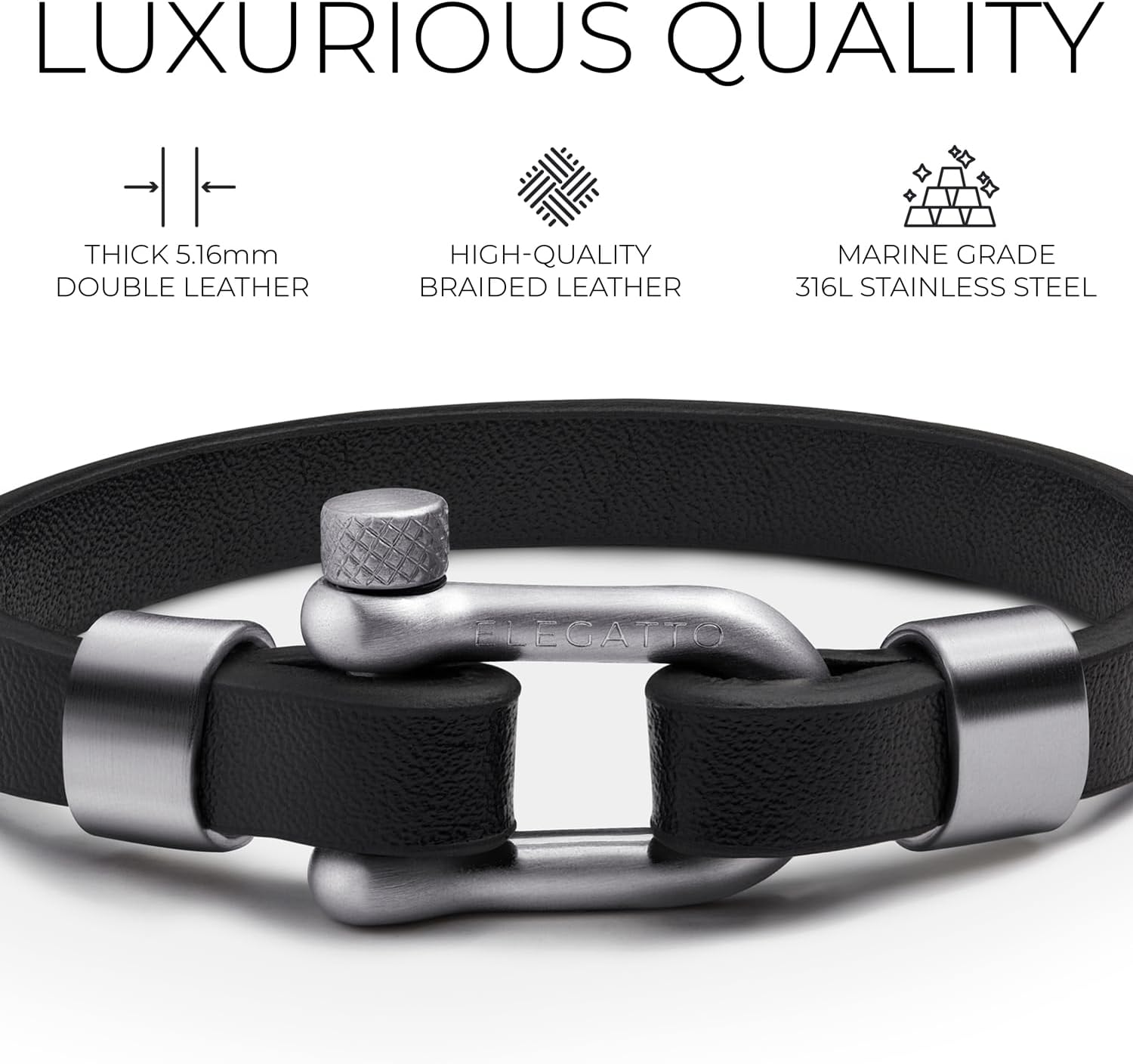 Elegatto Morelle Premium Leather Bracelet for Men | Full-Grain Black Leather with Silver Polished Stainless Steel Shackle Closure | Men’s Designer Jewelry - Image 3