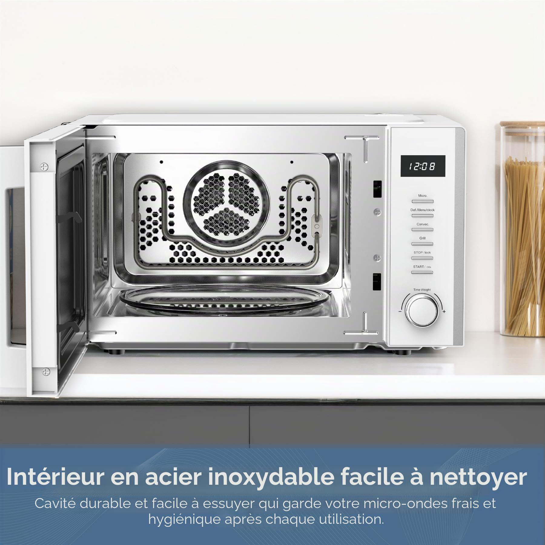 Rediffusion Micro-onde numérique 30 L, micro-ondes 900 W, grill 1200 W et convection 2200 W, grille de gril, dégivrage, cavité en acier inoxydable, 5 niveaux de puissance, 8 menus automatiques