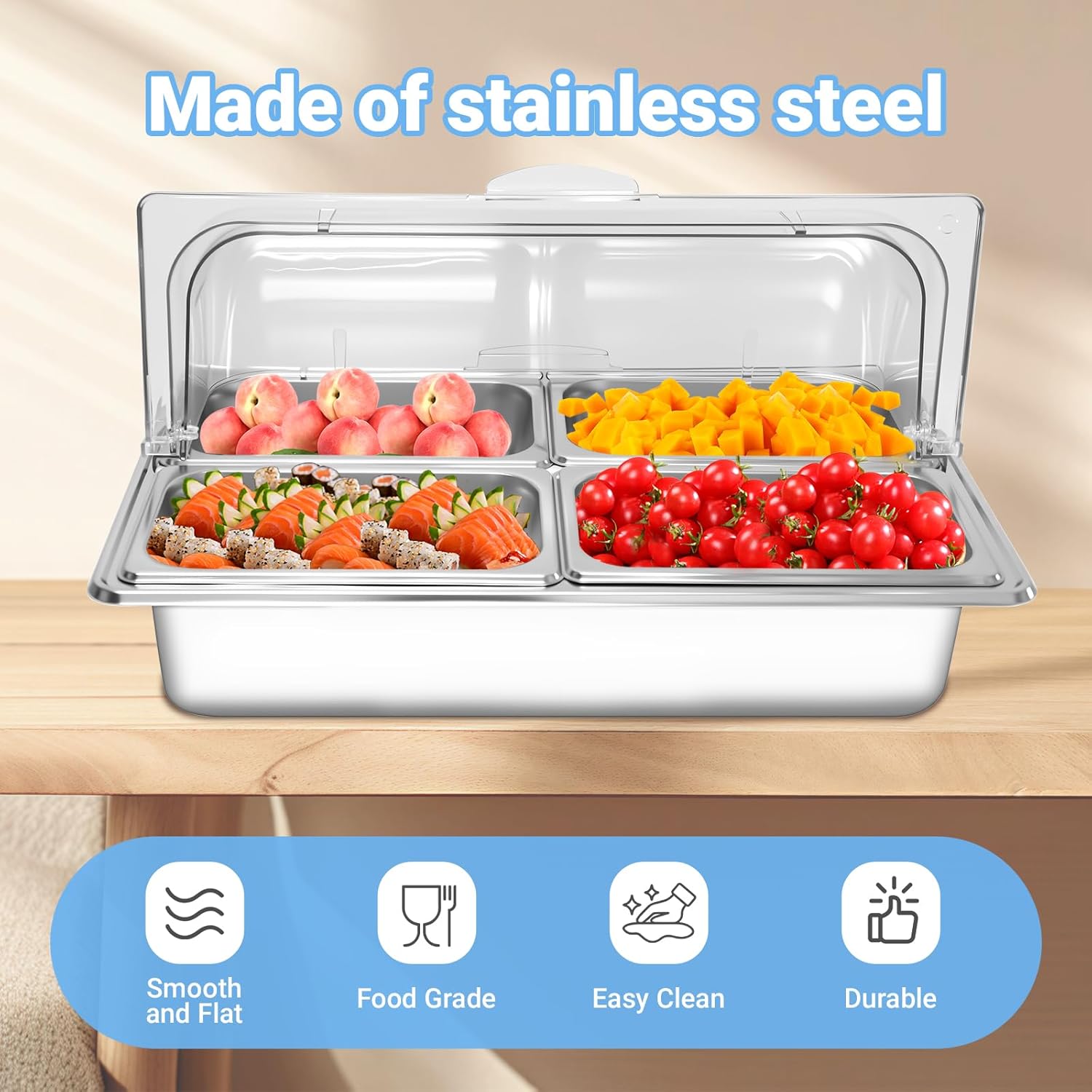 Countertop Ice Food Serving Display Tray with 4 Pan, Portable Salad Bar Buffet Station for Home, Stainless Steel Cold Food Buffet Server with Clear Roll Top Cover, 3 Ice Packs