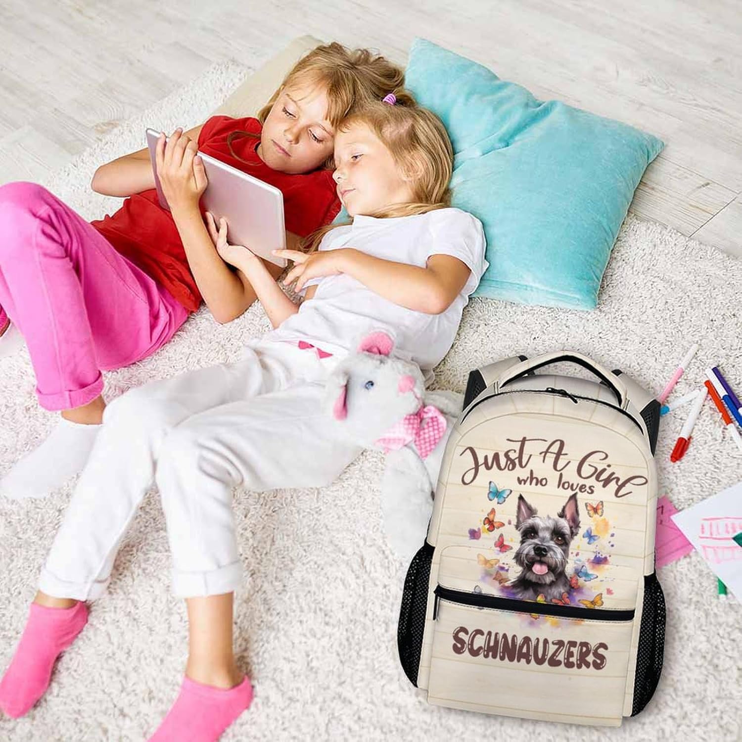 Dog Backpack for Dog Lovers - Cute Schnauzer Theme Backpacks for Girls Women - Cartoon 17" Dog Print Bookbag for School - Beige Large Lightweight Daypack for Travel