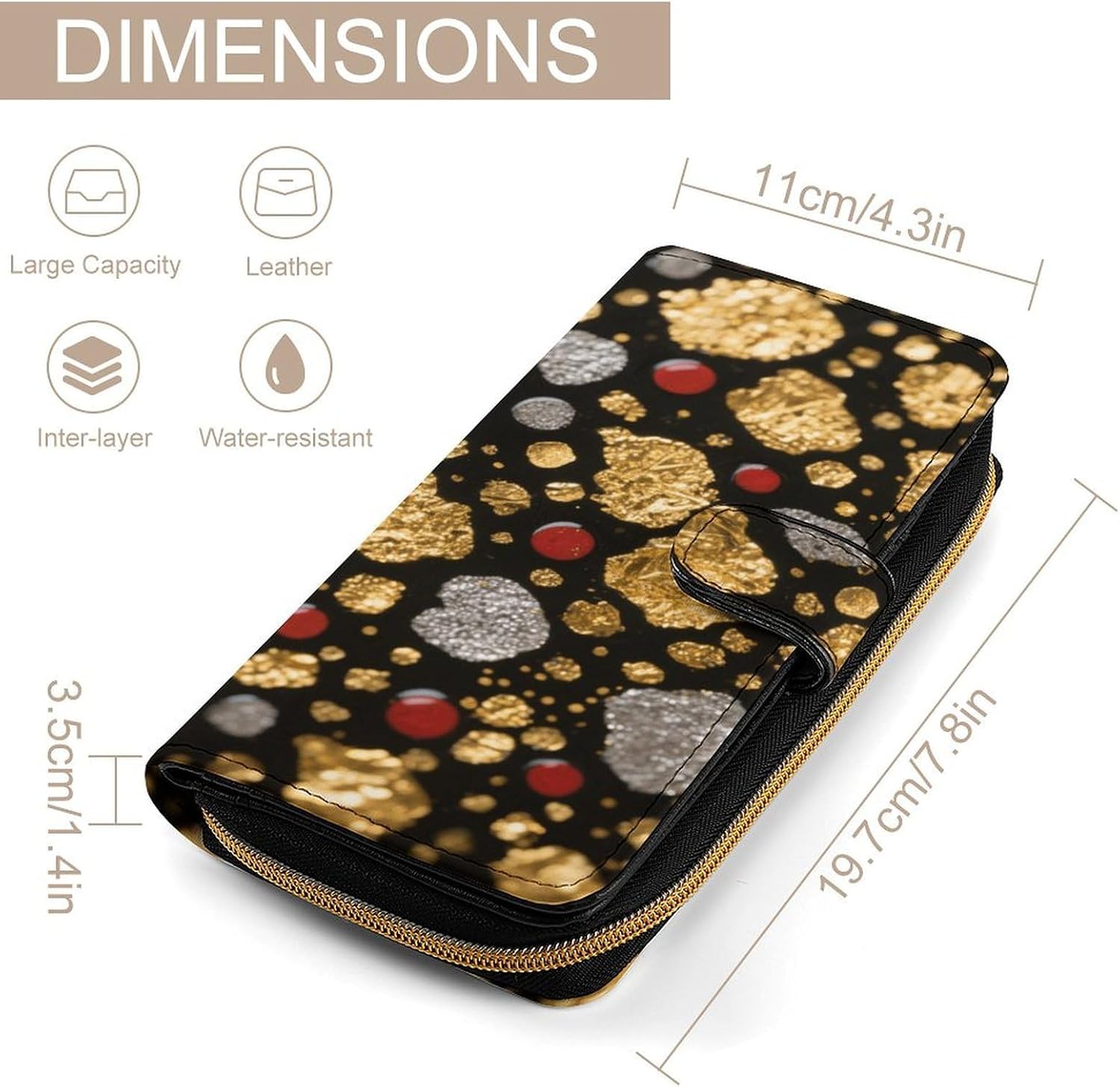 Black Gold Vermillion Wallet,PU Leather Material, Small Wallet,Bifold with Zipper, Travel Wallet,Compact And Portable for Men And Women 7.8 * 4.3 * 1.4 Inches