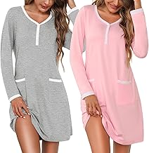 Marvmys Women's 2 Pack Nightgown Long Sleeve Henley Sleepshirt Soft Short Pajama Dress with Pockets
