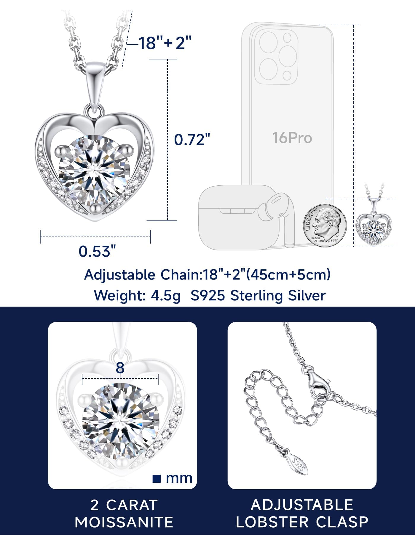 MomentWish Collana Cuore Moissanite Donna Argento 925 Oro Giallo Oro Rosa | Collana Moissanite Punto Luce Cuore Argento 925 Disponibile 0,5/1/2 Carati Regalo Elegante per Donna Natale e Anniversario