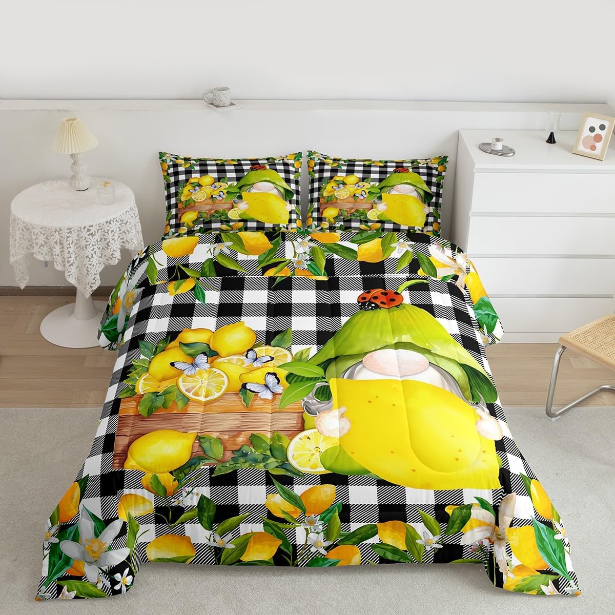 Kawaii Summer Lemon Gnomes Comforter Set Twin Size,Black White Geometric Grid Bedding Set 2pcs,Watercolor Summer Fruits Leaves Quilt Set Cute Butterfly Animals Duvet Insert,Yellow Green