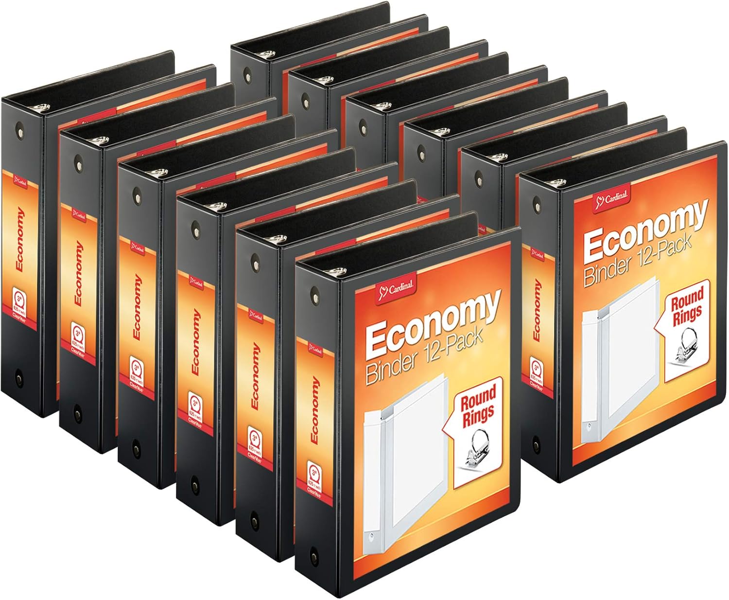 Cardinal Economy 3-Ring Binders, 3", Round Rings, Holds 625 Sheets, ClearVue Presentation View, Non-Stick, Black, Carton of 12 (90650) & Economy 3-Ring Binders, 4", Slant-D Rings, Holds 835 Sheets