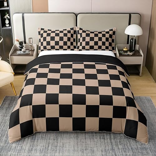 Miniatura 39 de Juego de ropa de cama a cuadros para adolescentes, mujeres, hombres, rosa, negro, a cuadros, 100% algodón, tamaño matrimonial, para niños y niñas,