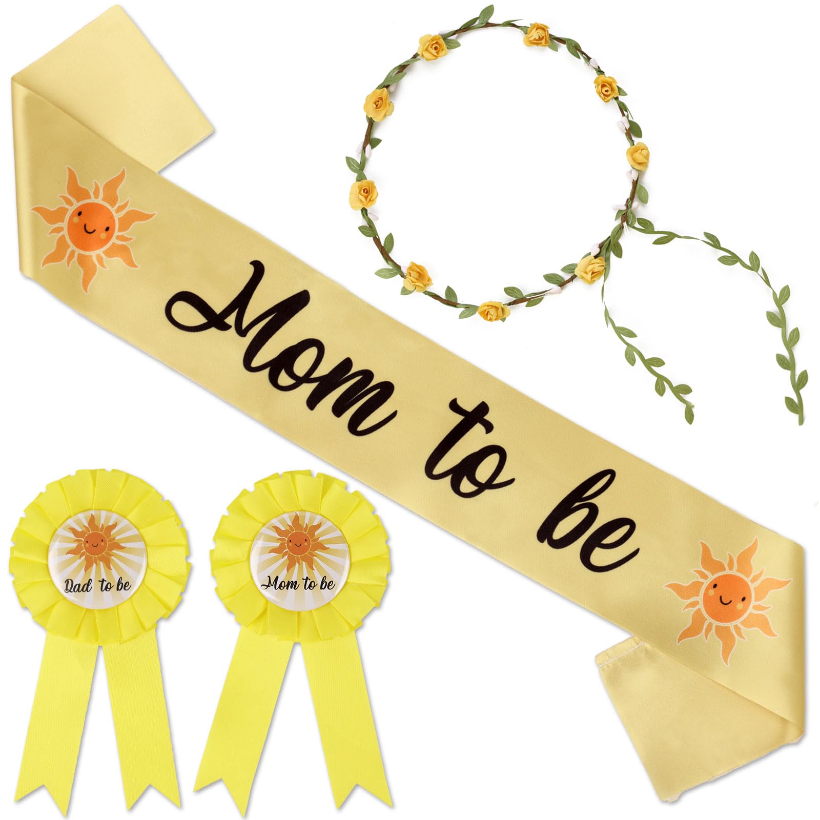Serencatcher Baby Shower Sash for Mommy Boy, Sun Baby Shower Decorations Include Mommy Daddy to be Pin Yellow Flower Crown for Sunshine Gender Reveals