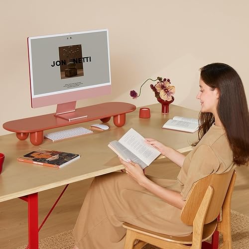 Miniatura 2 de Fenge Elevador de monitor, soporte de monitor doble de 34 pulgadas para monitores grandes, organizador de escritorio con estante de madera y patas