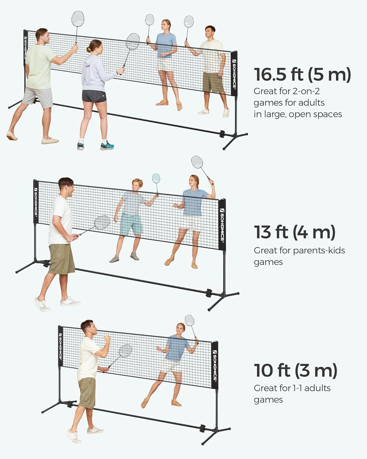 SONGMICS Badminton Net, Height Adjustable Volleyball Net, Pickleball Net for Junior Tennis, Kids, Indoor Outdoor Court, Foldable Nylon Net with Poles 10ft/13ft/16.5ft Wide