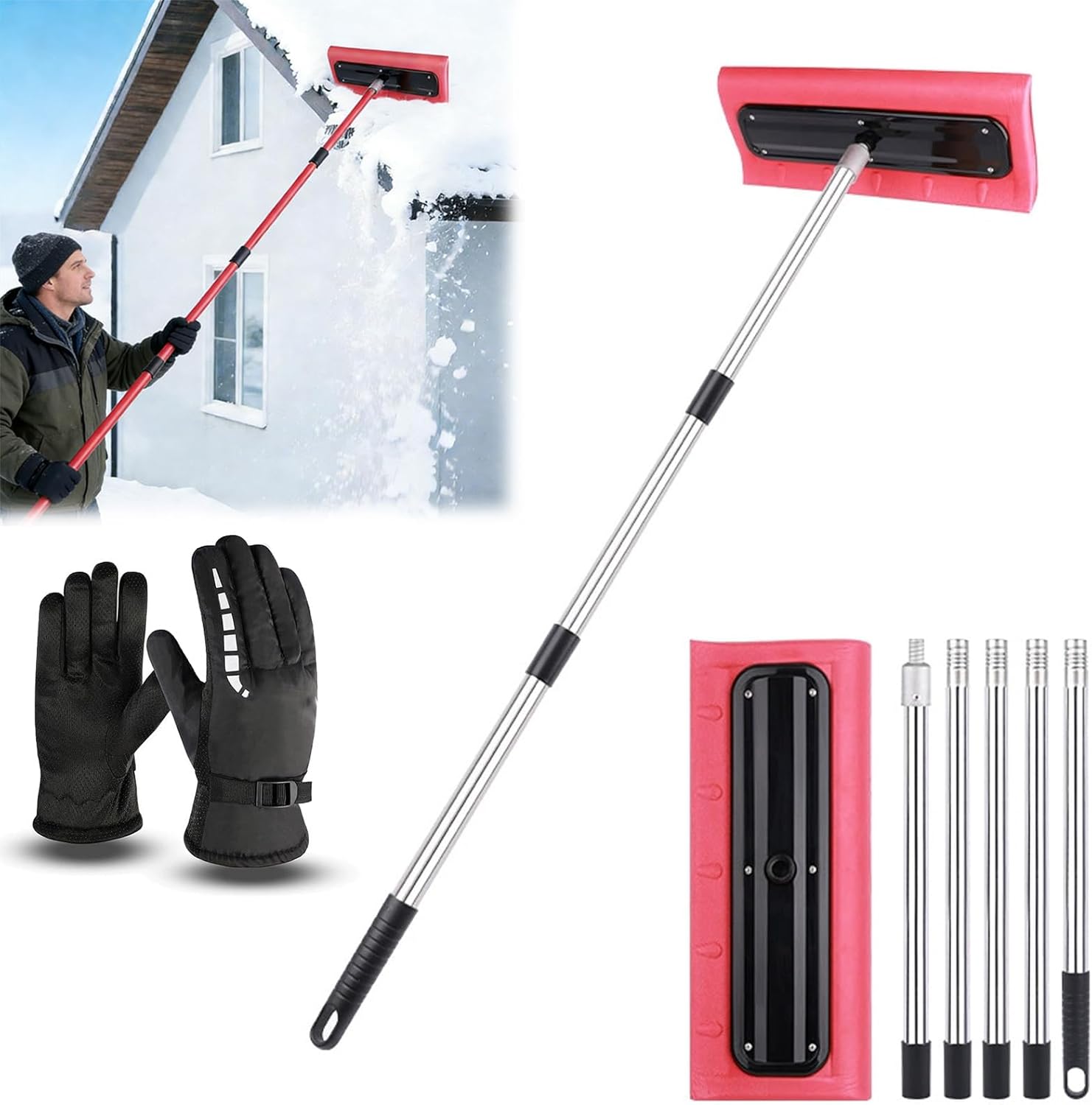 Adjustable Telescoping Snow Roof Rake, 78-157 in Snow Rake for House Roof Telescoping, Roof Rake Snow Removal Tool with EVA Push Plate for Roof Car Outdoor Snow Cleaning (157.5inch)