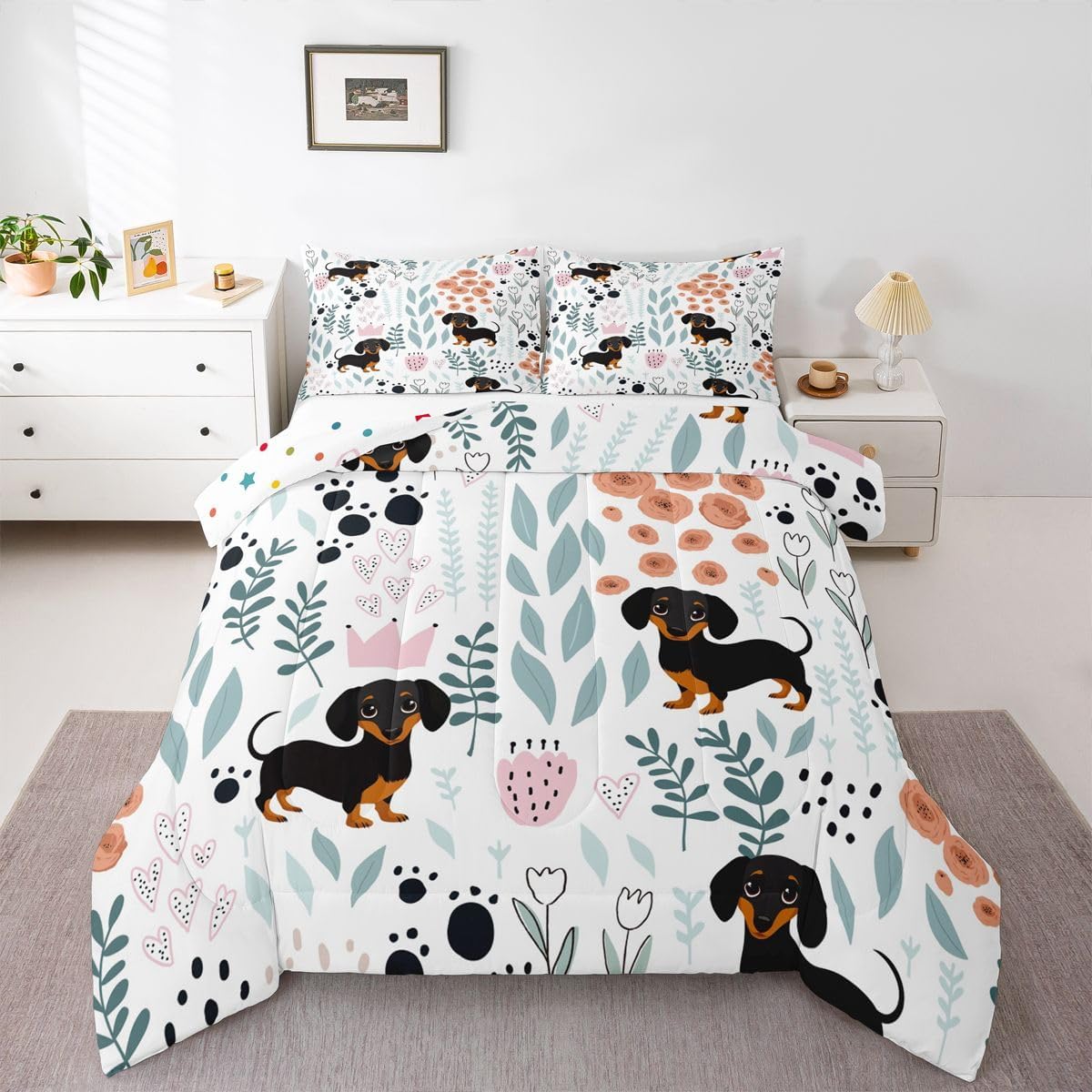 Erosebridal Kawaii Dachshund Bedding Set Queen,Cartoon Puppy Dog Comforter Set for Kids Girls Boys,Cute Love Heart Leaf Floral Comforter Set,Paw Print Animal Quilt Bed Set with 2 Pillow Cases