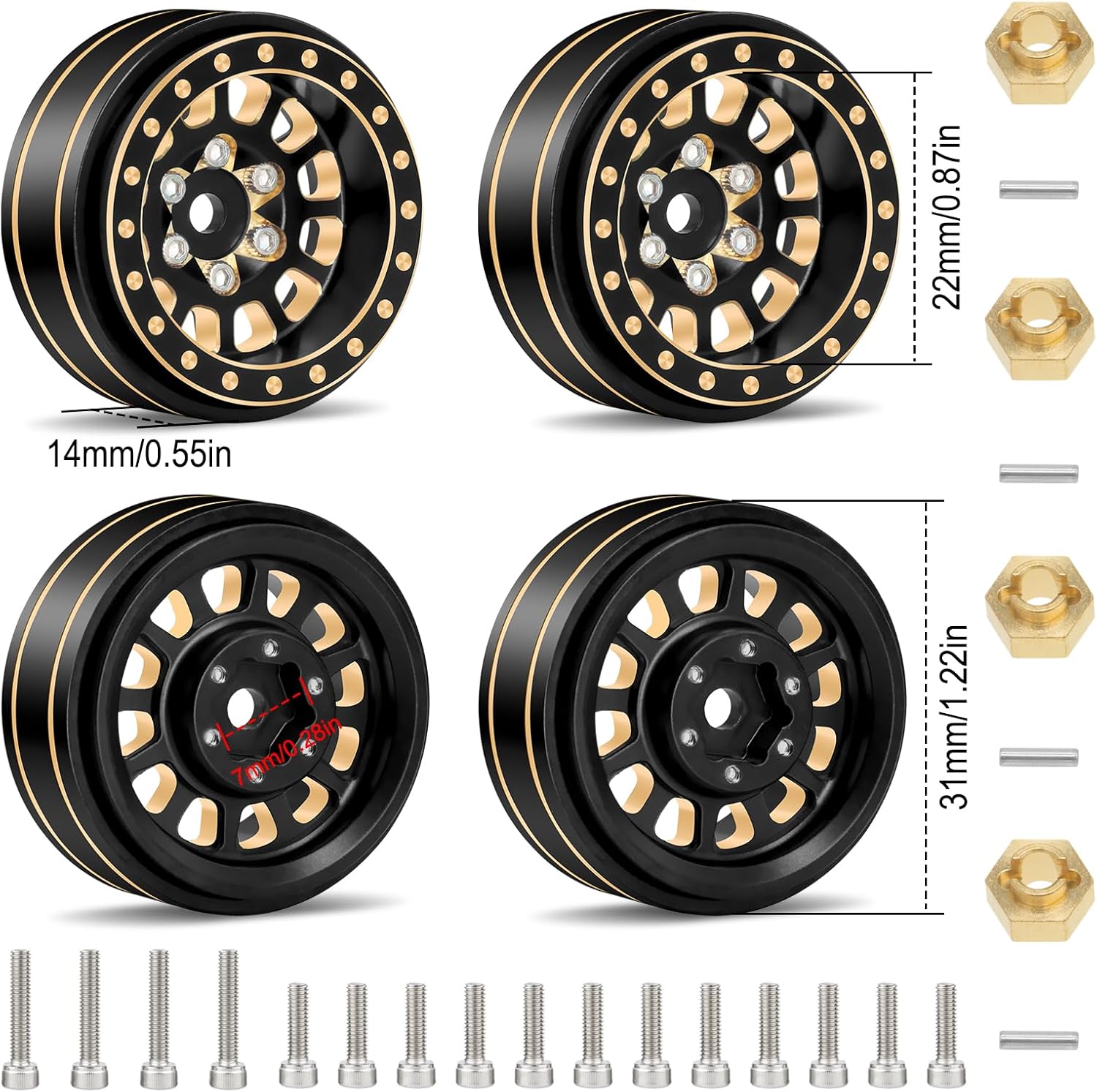 OGRC 1.0 Plus Brass Beadlock Wheels Negative Offset 3.5mm Wheel Rims for TRX4M SCX24 Gladiator Bronco C10 JLU Deadbolt 1/18 1/24 RC Crawler Car - 42g/Pc