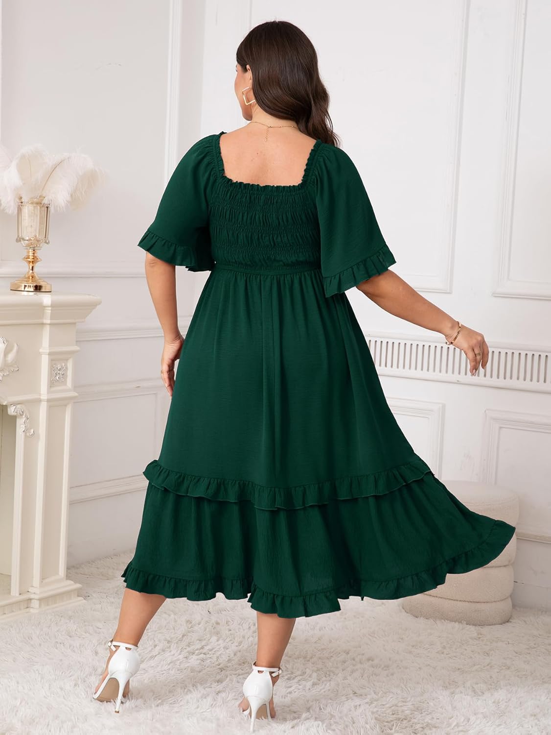 SCOMCHIC Women's Plus Size Maxi Dresses Summer Short Sleeve Square Neck Smocked Wedding Guest Cocktail Boho Long Dress - Image 6