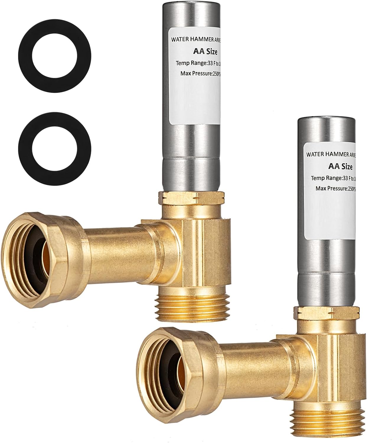 (2 Pack) Lidertik Water Hammer Arrestor for Washing Machine and 3/4 inch Garden Hose, Stainless Steel Chamber and 2 More Washers, Absorb Shock and Reduce Noise LI-XYJSC-BXG-A(2 PCS)