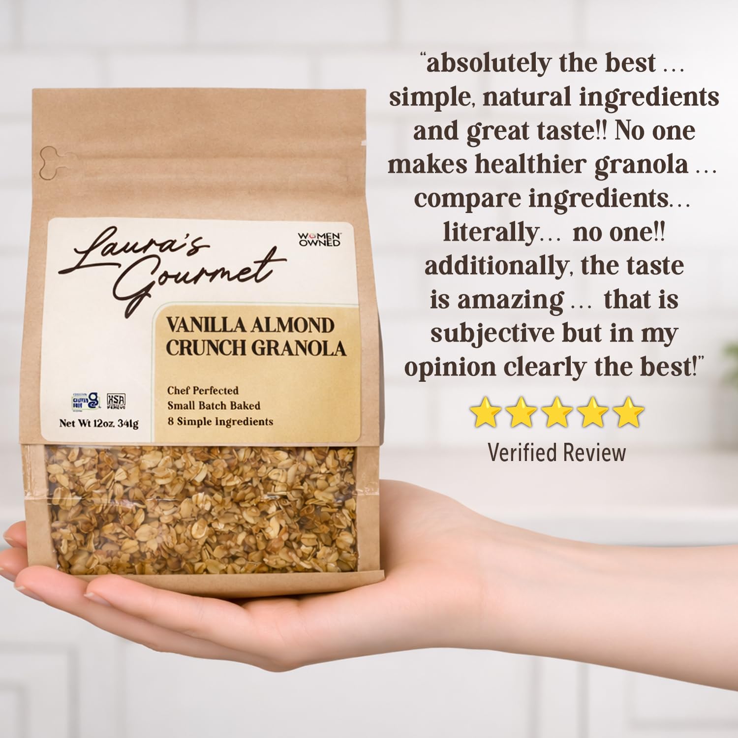 Laura's Gourmet Granola Vanilla Almond Crunch, 2 lb, Gluten-Free Oats, Vegetarian, Dairy & Soy Free Snack, Organic Honey, Almonds & Vanilla, Artisan, Breakfast Cereal, Non-GMO, Natural