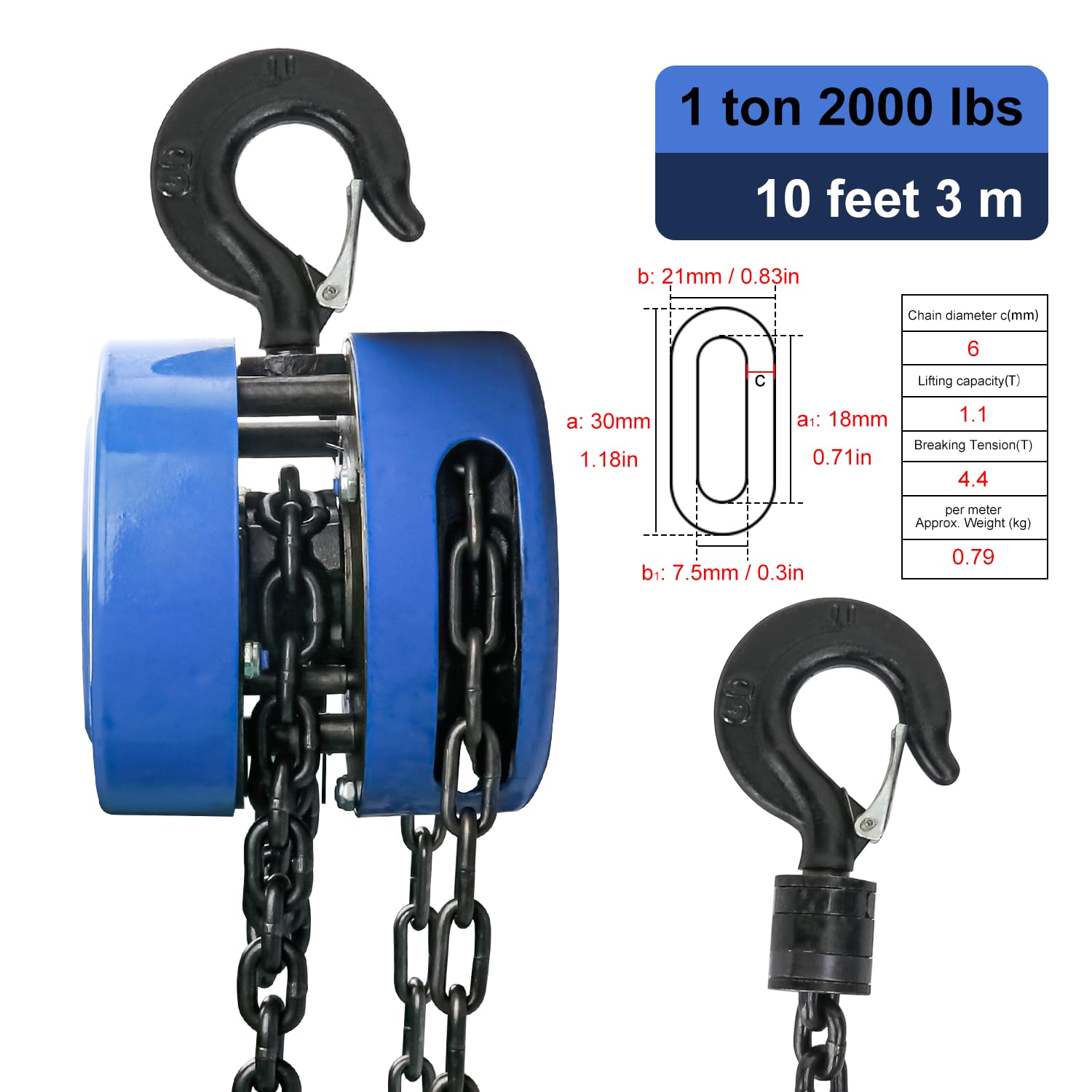 10 Feet Blue Manual Chain Hoist - Heavy Duty Chain 1 Ton Capacity, Lift Manual Hoist, Hand Chain Block Hoist for Industrial, Workshops, Warehouses, Automotive Machinery