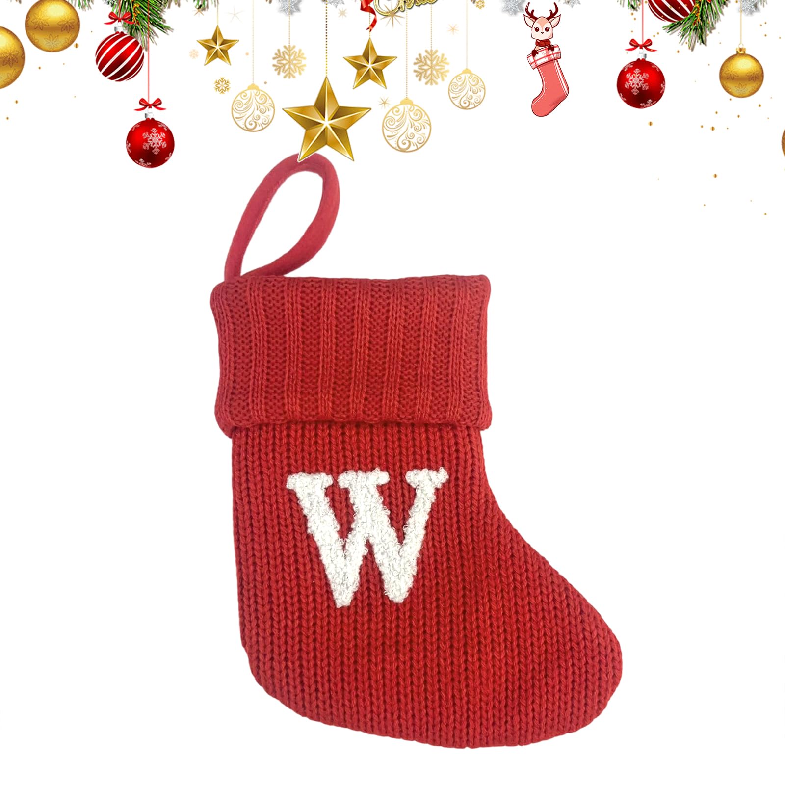 Uoaesr W Christmas Stocking, Knitted Festive Sock Ith Embroidered Letter, 18X15cm Personalized Christmas Stockings, Hanging Stocking For Fireplace & Tree Decor, Personalised Gift Bag (W)