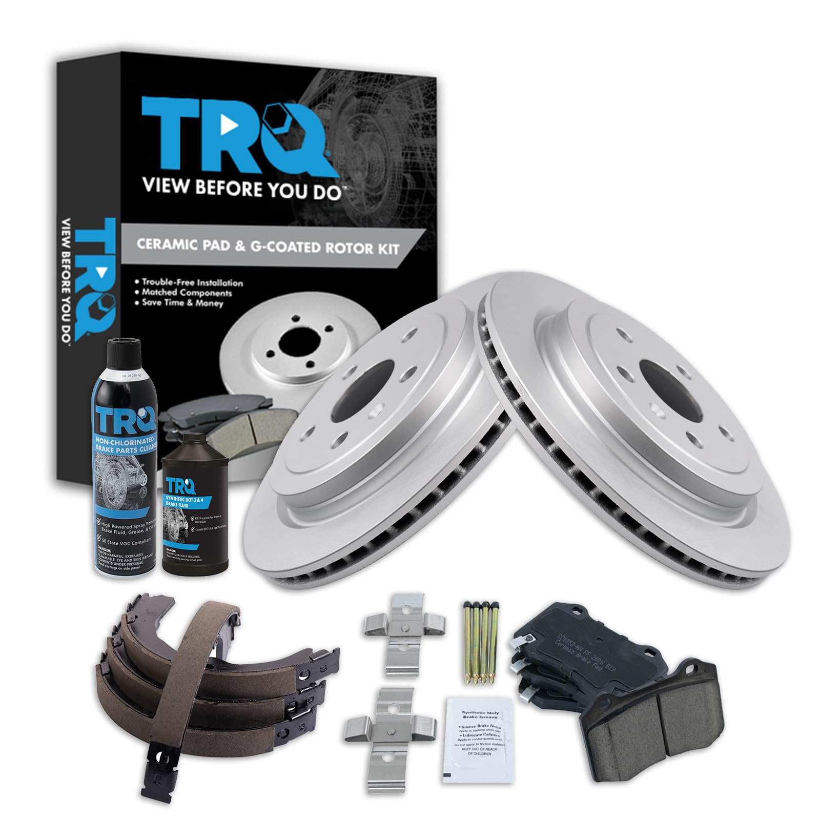TRQ Rear Brake Pad &amp; Rotor Kit, with Chemical Kit Parking Brake Shoe Set Ceramic Premium G-Coated Compatible with 2009-2014 Cadillac CTS