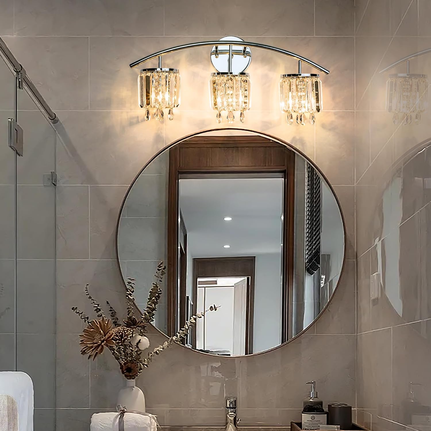 Maxax Crystal Wall Sconce, 3-Light Modern Bathroom Vanity Light Over Mirror, Chrome Wall Light Fixtures, Luxury Indoor Wall Mount Lamp for Living Room, Bedroom, Bathroom