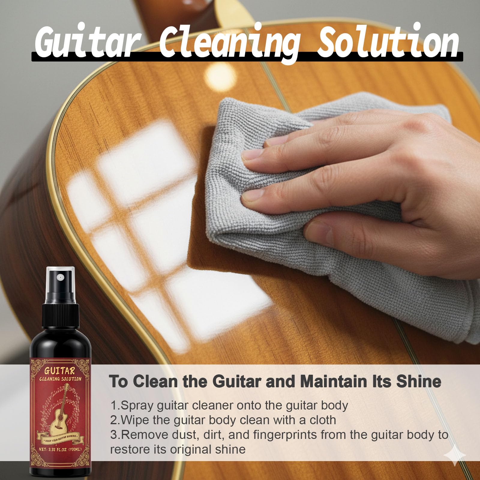 Kit di pulizia per chitarra da 9 pezzi, con lucidante per tasti, previene l'usura, lo sbiadimento e le crepe, mantenendo lo strumento nel suo aspetto migliore e nella qualità del suono in ogni momento